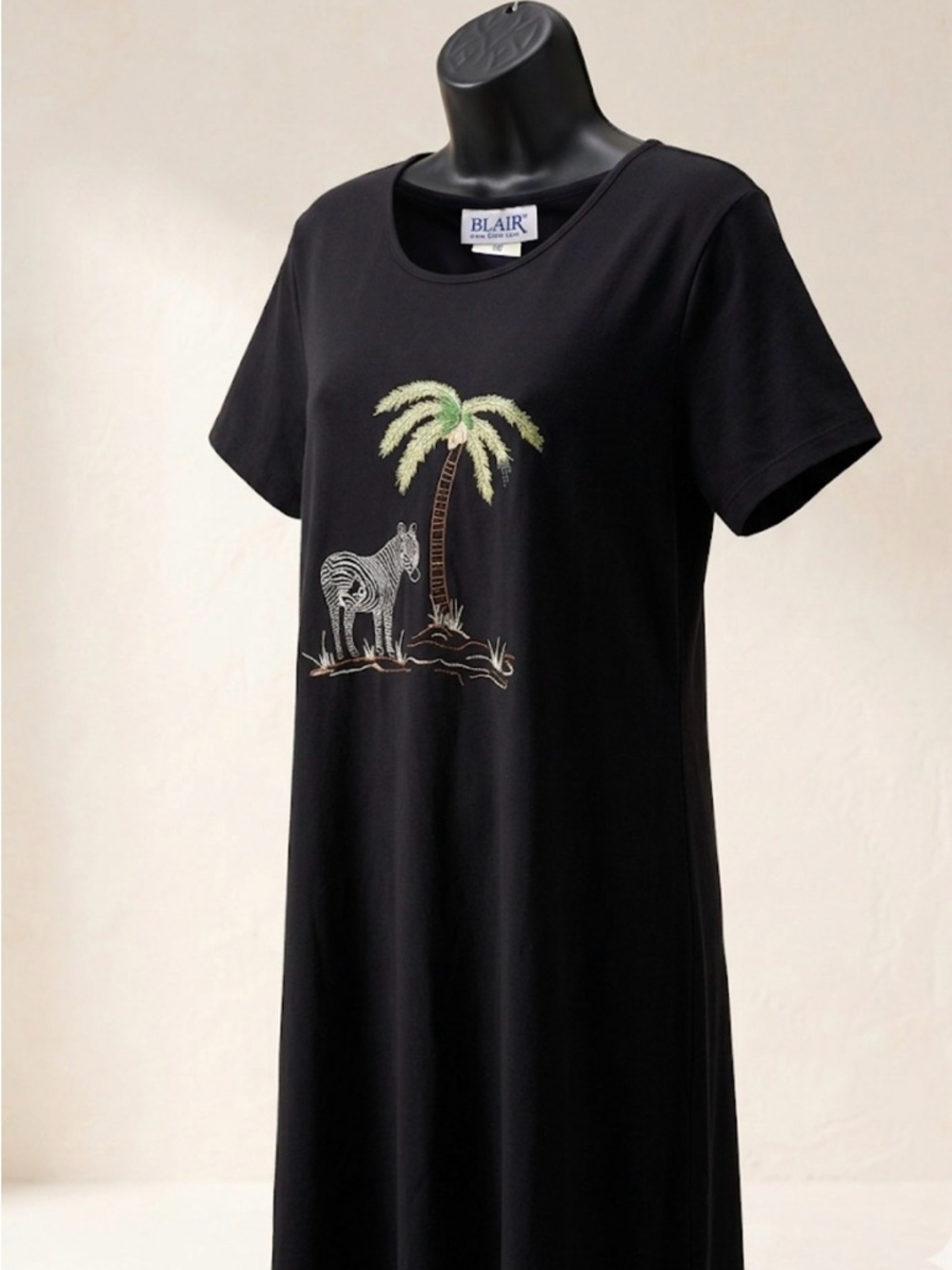 VTG Blair Embroidered T-Shirt Dress L Large Zebra Palm Tree Beaded Black Midi